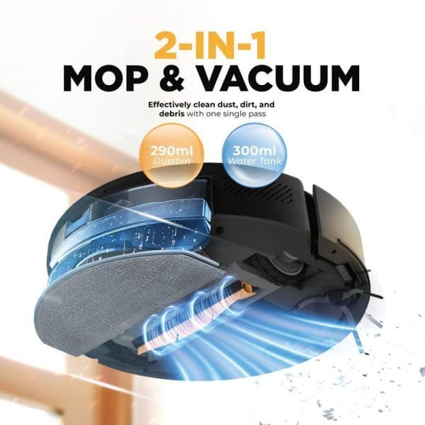Russell Taylors R10 PRO Robot Vacuum Cleaner with 2-in-1 mop and vacuum function, featuring 290ml dustbin, 300ml water tank, and LDS navigation technology.