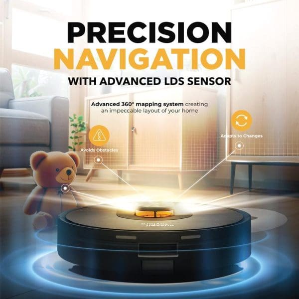 Russell Taylors R10 PRO Robot Vacuum Cleaner with LDS sensor navigation system mapping a modern living room, avoiding obstacles like teddy bear and furniture.