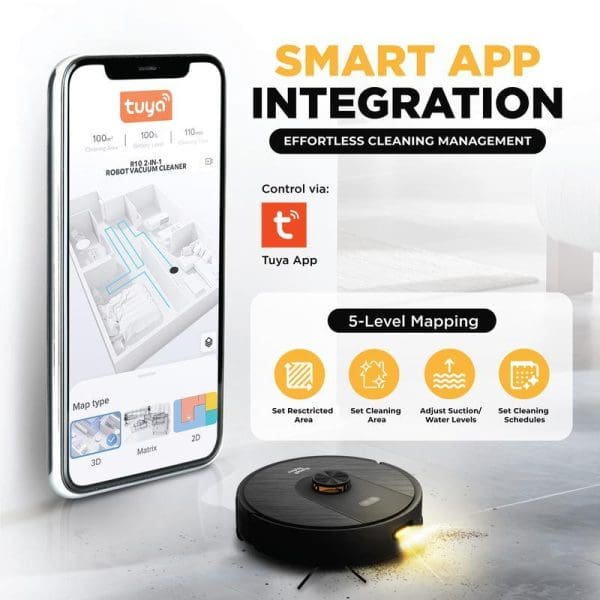 Russell Taylors R10 PRO Robot Vacuum with LDS Navigation, Auto Empty Station, and Tuya Smart App Integration featuring 5-level mapping and effortless cleaning management.
