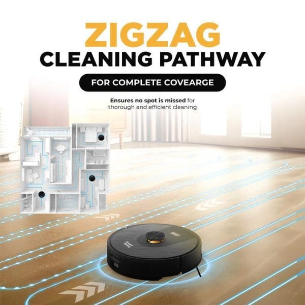 Russell Taylors R10 PRO Robot Vacuum Cleaner with LDS Navigation and Auto Empty Station featuring zigzag cleaning pathway for complete floor coverage.
