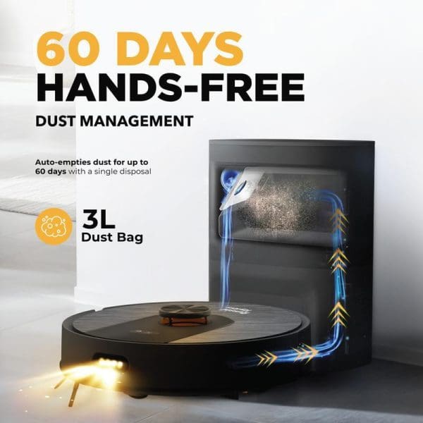 Russell Taylors R10 PRO Robot Vacuum with auto-empty station featuring 60 days hands-free dust management, 3L dust bag, and LDS navigation technology.