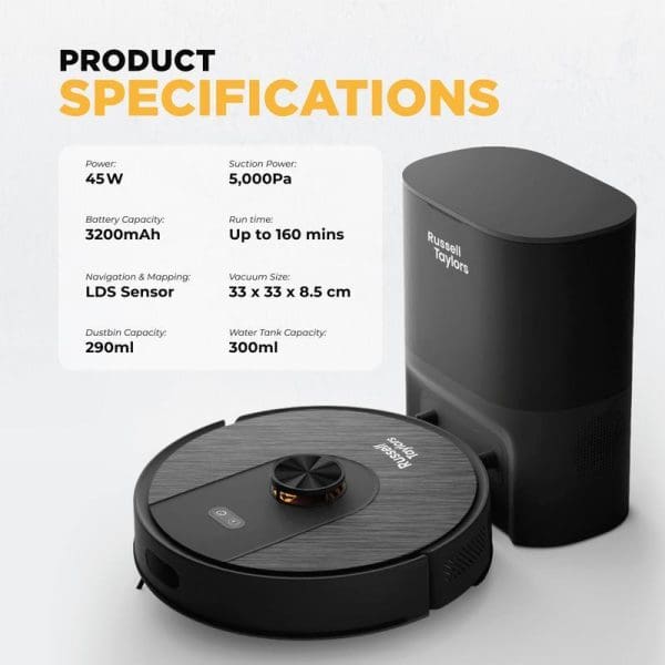 Russell Taylors R10 PRO Robot Vacuum Cleaner with auto empty station, featuring LDS navigation, 45W power, 3200mAh battery, and detailed product specifications display.