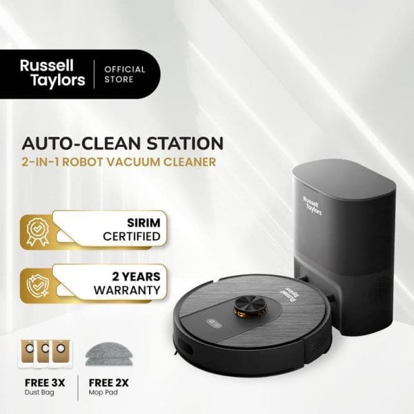 Russell Taylors R10 PRO robot vacuum cleaner with auto-clean station, LDS navigation, SIRIM certified, 2-year warranty, includes free dust bags and mop pads.