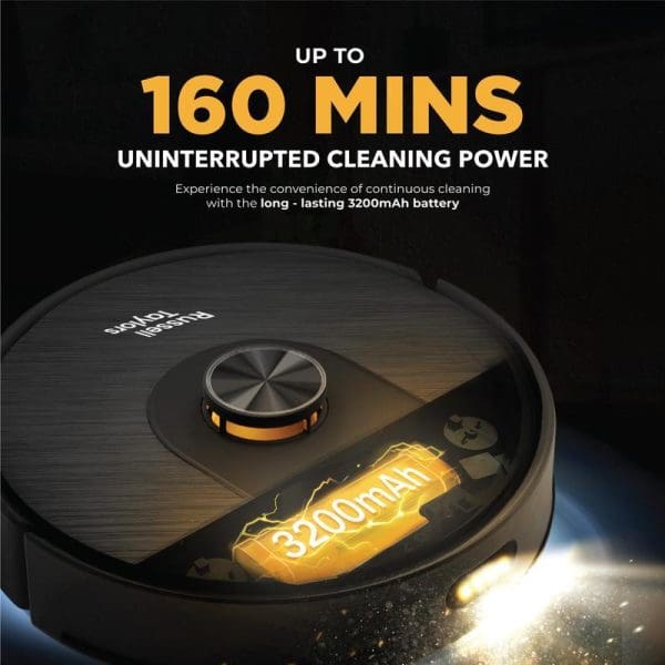Russell Taylors Robot Vacuum Cleaner R10 with LDS Navigation featuring 160 minutes battery life, 3200mAh battery capacity, and mopping function on dark background.