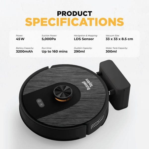 Russell Taylors Robot Vacuum Cleaner R10 with LDS navigation and mop attachment, featuring product specifications including 5000Pa suction power and 160-minute runtime.