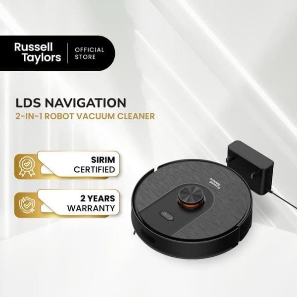 Russell Taylors LDS Navigation 2-in-1 Robot Vacuum Cleaner with mop, featuring SIRIM certification, 2-year warranty, black circular design with charging dock.