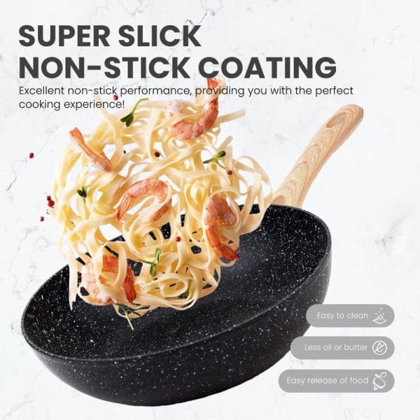 Russell Taylors Romano 4-piece black speckled non-stick cookware set with wooden handle, featuring pasta and shrimp dish, highlighting easy cleaning and cooking benefits.