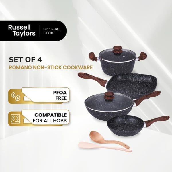 Russell Taylors Romano 4-piece non-stick cookware set with dark granite coating, wooden handles, glass lids, and wooden utensils, PFOA-free and hob-compatible.