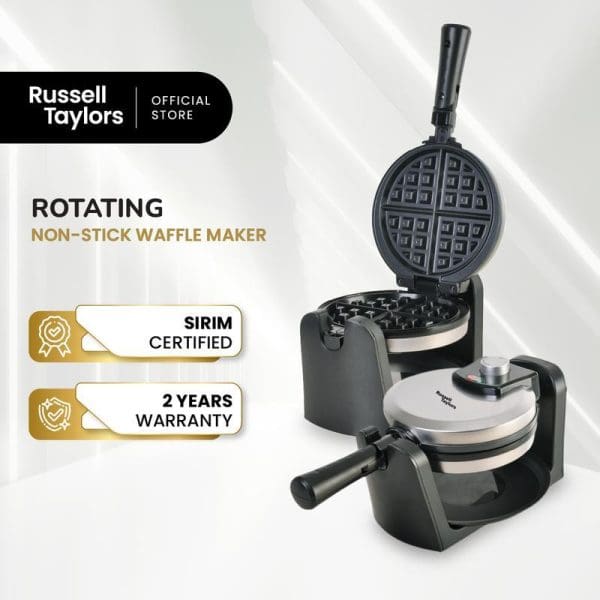 Russell Taylors rotating non-stick waffle maker WM-30 with SIRIM certification and 2-year warranty, featuring black design and flip mechanism for even cooking.