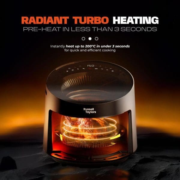 Russell Taylors Skylight View Bladeless Air Fryer featuring radiant turbo heating technology that preheats to 200°C in under 3 seconds with glowing heating elements visible.
