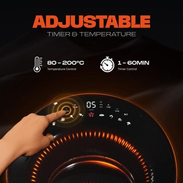 Russell Taylors Skylight View Bladeless Air Fryer with adjustable timer and temperature controls, featuring digital display showing 80-200°C temperature range and 1-60 minute timer settings.