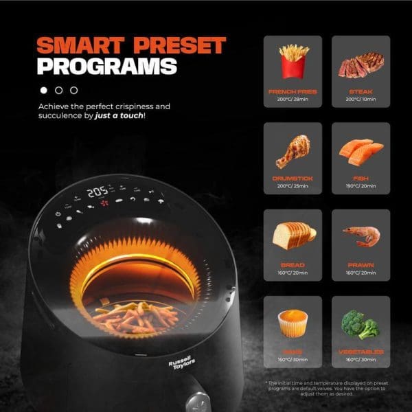 Russell Taylors Skylight View Bladeless Air Fryer with smart preset programs display showing 8 cooking options including French fries, steak, drumstick, fish, bread, prawn, cake, and vegetables.