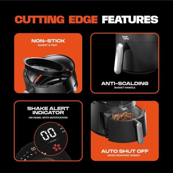Russell Taylors Skylight View Bladeless Air Fryer featuring non-stick basket, anti-scalding handle, shake alert indicator with digital display, and auto shut-off safety function.