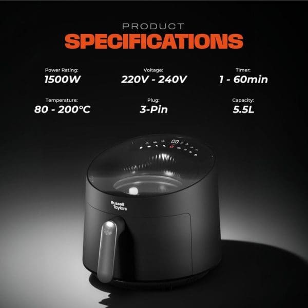 Russell Taylors Skylight View Bladeless Air Fryer 5.5L with product specifications showing 1500W power, 220-240V voltage, 80-200°C temperature range, and 1-60 minute timer.