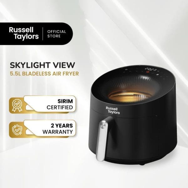 Russell Taylors Skylight View 5.5L Bladeless Air Fryer in black with transparent top, featuring SIRIM certification and 2-year warranty badges.