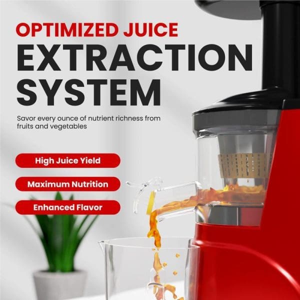 Red Russell Taylors Slow Juicer SJ-6 extracting orange juice into glass pitcher, featuring optimized extraction system with high yield, maximum nutrition, and enhanced flavor benefits.