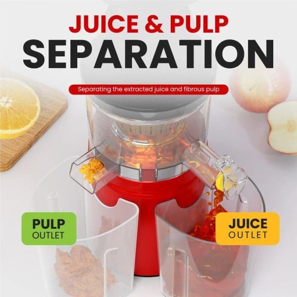 Russell Taylors Slow Juicer SJ-6 150W showing juice and pulp separation process with clear containers, orange being juiced, demonstrating dual outlet system.