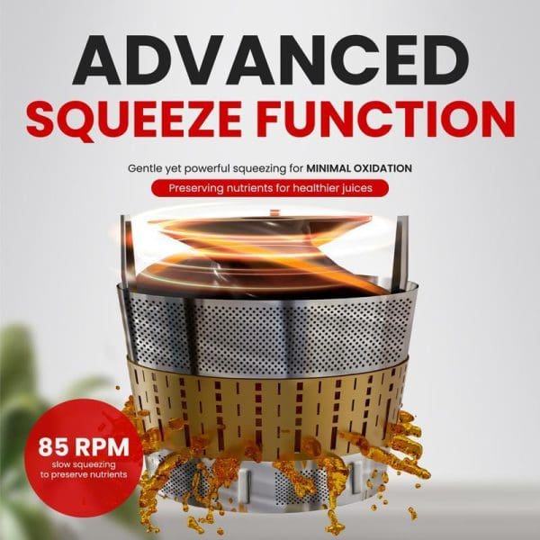 Russell Taylors Slow Juicer SJ-6 150W featuring advanced squeeze function technology with 85 RPM motor for minimal oxidation and nutrient preservation in juice extraction.