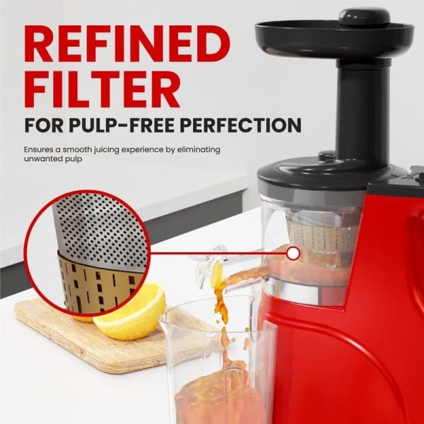 Russell Taylors Slow Juicer SJ-6 150W with refined filter system extracting orange juice into glass, featuring pulp-free technology for smooth juicing experience.