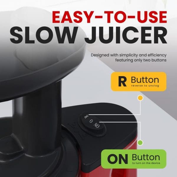 Russell Taylors 150W Slow Juicer SJ-6 with easy-to-use design featuring two buttons - R button for reverse/unclog and ON button for operation.