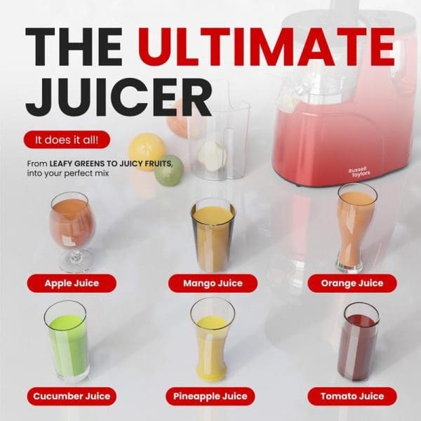 Russell Taylors Slow Juicer advertisement showing red juicer machine with six different juice types: apple, mango, orange, cucumber, pineapple, and tomato in various glasses.