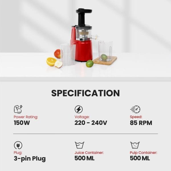 Russell Taylors red slow juicer with specifications showing 150W power, 220-240V voltage, 85 RPM speed, 3-pin plug, and 500ML containers for juice and pulp.