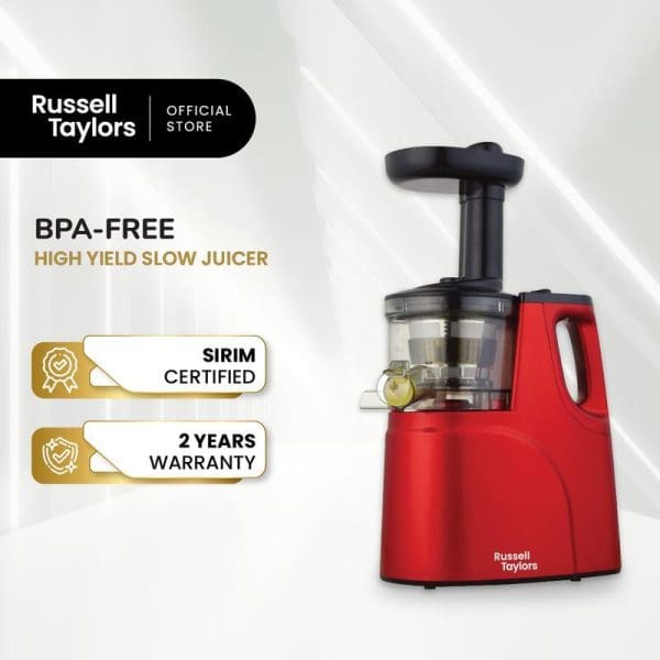 Russell Taylors red slow juicer with black top, BPA-free, SIRIM certified, 2-year warranty, high yield juice extractor on white background with brand logo.