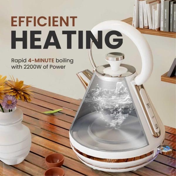 Russell Taylors SpeedBoil Electric Retro Kettle RK-10 with transparent glass body showing boiling water, white handle, stainless steel accents, featuring efficient 2200W heating for 4-minute boiling.