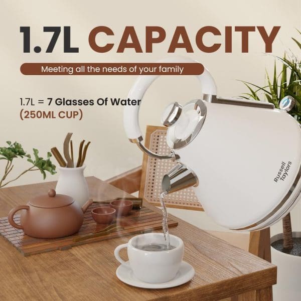 Russell Taylors SpeedBoil Electric Retro Kettle RK-10 with 1.7L capacity, stainless steel construction, pouring hot water into white cup on wooden kitchen counter.