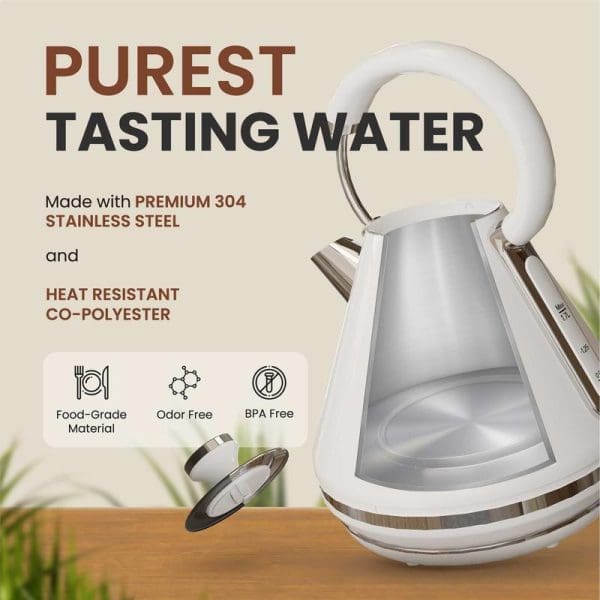 Russell Taylors SpeedBoil Electric Retro Kettle RK-10 in stainless steel with premium 304 material, heat resistant co-polyester, food-grade, odor free, BPA free features.