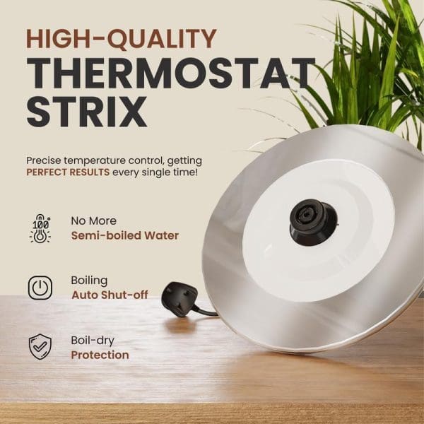 Russell Taylors SpeedBoil Electric Retro Kettle RK-10 with thermostat strix technology, boiling auto shut-off, boil-dry protection, and precise temperature control features displayed.