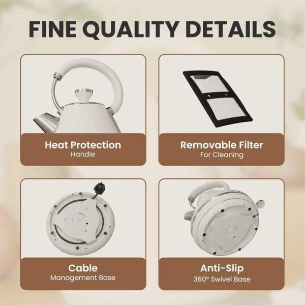 Russell Taylors SpeedBoil Electric Retro Kettle RK-10 features including heat protection handle, removable filter, cable management base, and anti-slip 360° swivel base.
