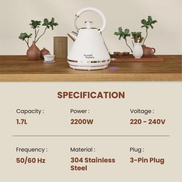 Russell Taylors SpeedBoil Electric Retro Kettle RK-10 in white with specifications showing 1.7L capacity, 2200W power, 220-240V voltage, stainless steel material, displayed on wooden surface.