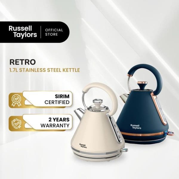 Russell Taylors Retro 1.7L stainless steel electric kettles in cream and navy blue colors, SIRIM certified with 2-year warranty, official store product image.