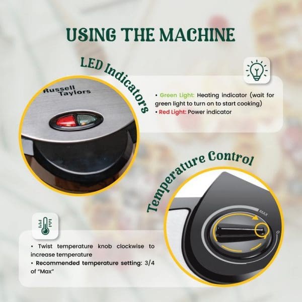 Russell Taylors WM-25 Belgian Waffle Maker instruction guide showing LED indicators, temperature control knob, and usage tips for the stainless steel waffle cooker.