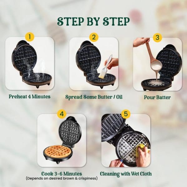 Step-by-step waffle making guide showing 5 steps: preheat 4 minutes, spread butter/oil, pour batter, cook 3-6 minutes, and clean with wet cloth using waffle maker.