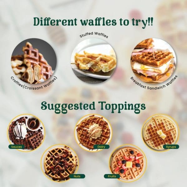 Different types of waffles including croissant waffles, stuffed waffles, and breakfast sandwich waffles with suggested toppings like sauces, dairy, syrups, nuts, and fruits.