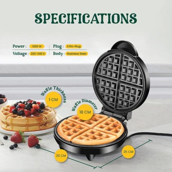 Russell Taylors stainless steel Belgian waffle maker with specifications showing 1300W power, 220-240V voltage, 18cm waffle diameter, and dimensions on white background.