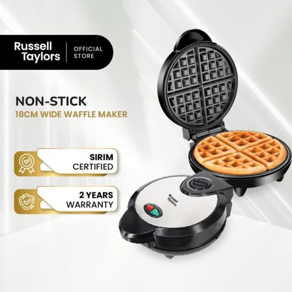 Russell Taylors non-stick 18cm waffle maker with stainless steel finish, SIRIM certified, 2-year warranty, showing open unit with golden waffle inside on white background.
