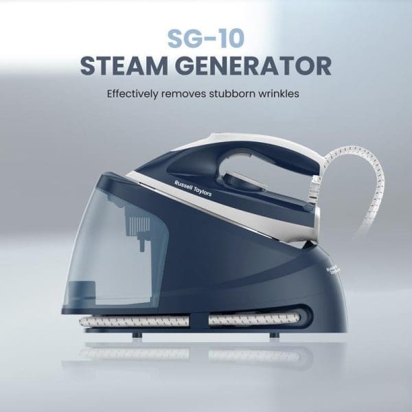 Russell Taylors SG-10 Steam Generator with 1.5L water tank in navy blue and white design, effectively removes stubborn wrinkles from clothes.