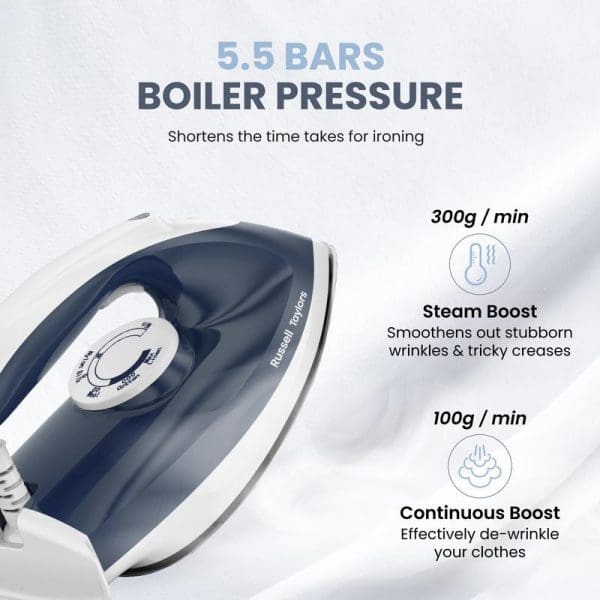 Russell Taylors Steam Generator Iron SG-10 with 5.5 bars boiler pressure, featuring 300g/min steam boost and 100g/min continuous boost for efficient wrinkle removal.