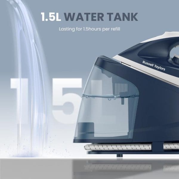 Russell Taylors SG-10 Steam Generator Iron with 1.5L transparent water tank, featuring steam output and lasting 1.5 hours per refill on white surface.