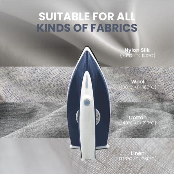 Russell Taylors SG-10 Steam Generator Iron with 1.5L capacity, showing temperature settings for different fabrics: nylon silk, wool, cotton, and linen.