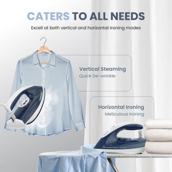 Russell Taylors Steam Generator Iron SG-10 with 1.5L capacity showing vertical steaming on hanging shirt and horizontal ironing capabilities on ironing board.