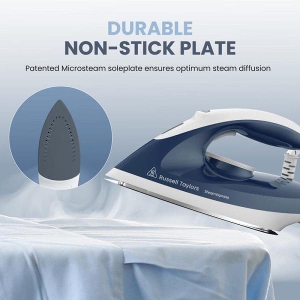 Russell Taylors Steam Generator Iron SG-10 with 1.5L capacity featuring durable non-stick soleplate and patented Microsteam technology for optimal steam diffusion on white fabric.