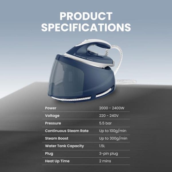 Russell Taylors Steam Generator Steam Iron SG-10 with 1.5L water tank, product specifications showing 2000-2400W power, 5.5 bar pressure, available at barangelektrik.my
