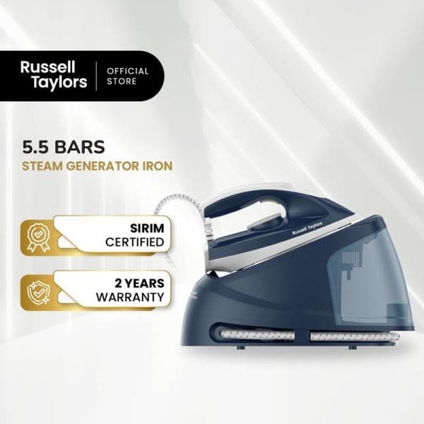 Russell Taylors SG-10 Steam Generator Iron with 1.5L water tank, 5.5 bars pressure, SIRIM certified, 2 years warranty, navy blue design.