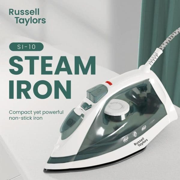 Russell Taylors SI-10 Steam Iron in green and white with non-stick soleplate, compact design, displayed on white surface with green curtain background.