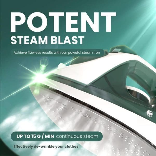 Russell Taylors Steam Iron SI-10 with non-stick soleplate featuring potent steam blast up to 15g/min for effective wrinkle removal and flawless ironing results.