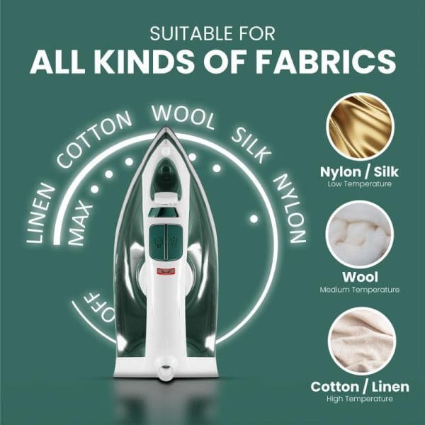 Russell Taylors SI-10 Steam Iron with non-stick soleplate suitable for all fabric types including cotton, wool, silk, nylon, and linen with temperature settings.